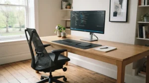 An ergonomic breathable mesh office chair for hot sleepers adjusted to a comfortable recline angle.