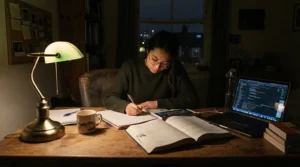 A breathable mesh office chair for hot sleepers being used during a late-night study session in a dimly lit bedroom.