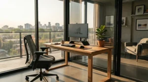 A breathable mesh office chair for hot sleepers positioned near a large window during a warm summer afternoon.